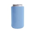 A silver beverage can is wrapped in a plain light blue neoprene koozie. The background is a solid white color, emphasizing the simplicity of the can and the koozie.