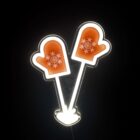 Illustration of two glowing orange mittens with white snowflakes, positioned overlapping and facing opposite directions, on a black background.
