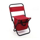 A red folding chair with a black metal frame and a built-in storage compartment under the seat. The storage has a zipper and two carrying handles. The background is plain white.