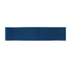 A flat, wide, blue resistance band is displayed against a plain white background. The band is positioned horizontally and has a smooth surface, designed for fitness exercises and stretching routines.