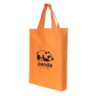 An orange tote bag with handles featuring a black illustration of a panda lying down. Below the panda, the text reads panda funny lazy.