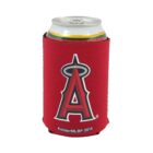 A soda can wrapped in a red koozie with a large A and a halo above it, resembling the logo of a baseball team. The bottom of the koozie reads Kolder/MLBP 2012.