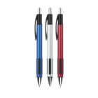 Three retractable ballpoint pens with clips are displayed upright against a white background. The pen barrels are colored blue, white, and red, each featuring black accents and silver tips.