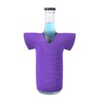 A glass bottle with a blue liquid is fitted with a purple, t-shirt-shaped foam sleeve. The sleeve covers the body of the bottle, leaving the neck and cap exposed. The background is plain white.