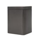 Rectangular black metal container with a fitted lid, standing upright against a white background.
