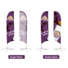 Two feather flags promoting McGradys Cafe against a white background. The single-sided flag displays a logo with text IS NOW OPEN in purple. The double-sided flag shows the same content on both sides, with one side featuring a coffee cup graphic.