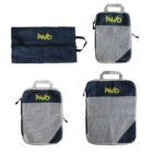 Four images of navy blue and gray hub branded travel organizers with mesh pockets and zippers. Different views of bags show a mix of open and closed states, all featuring carrying handles and organizational compartments.