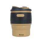 A collapsible brown and black travel mug with a logo showing a stylized motorcycle and the word Motorbike printed on it. The mug features a lid with a sipping opening.