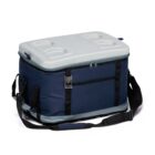 A blue and gray insulated cooler bag with a detachable shoulder strap and multiple compartments. The lid features four cup holders and is secured with zippers and buckles.