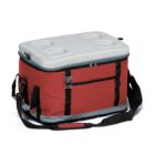 A red and gray insulated cooler bag with a shoulder strap and front pocket. The lid has four cup holders.