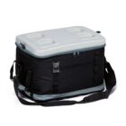 A black and gray insulated cooler bag with a shoulder strap and a hard top featuring four cup holder slots. The bag has a front pocket and buckle accents, suitable for carrying food and drinks.