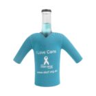 A glass bottle is covered with a teal beverage holder shaped like a shirt. The holder displays the text I Love Cans along with a breast cancer awareness ribbon and the website www.sbcbf.org.au.