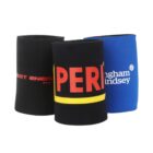 Three colorful can coolers are displayed side by side. The first cooler is black with partial red and white text, the second is black with large yellow and red text, and the third is blue with partial white text.