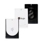 Image of three compact electronic devices with folding covers. The left device has a Qi symbol, the middle one displays the Aegis logo, and the right one shows the word little with the number 8 on a dark screen.