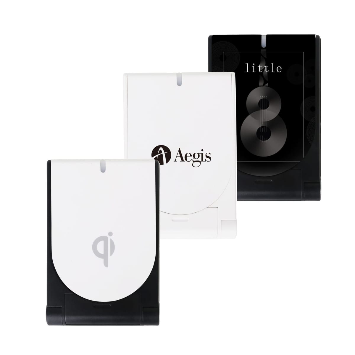 Image of three compact electronic devices with folding covers. The left device has a Qi symbol, the middle one displays the Aegis logo, and the right one shows the word little with the number 8 on a dark screen.