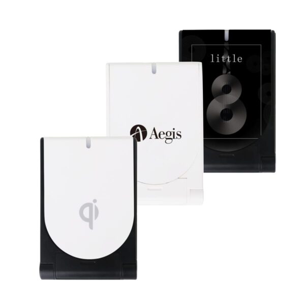 Three white and black wireless chargers are shown. One features a Qi symbol, another displays an Aegis logo, and the third reads little with the number 8 in the background. All have a sleek, minimalist design.