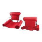 Two views of a foldable red pool float with adjustable backrests. The float features cushioned armrests and headrests, designed for lounging. The one on the left shows the float unfolded, while the one on the right is partially folded.