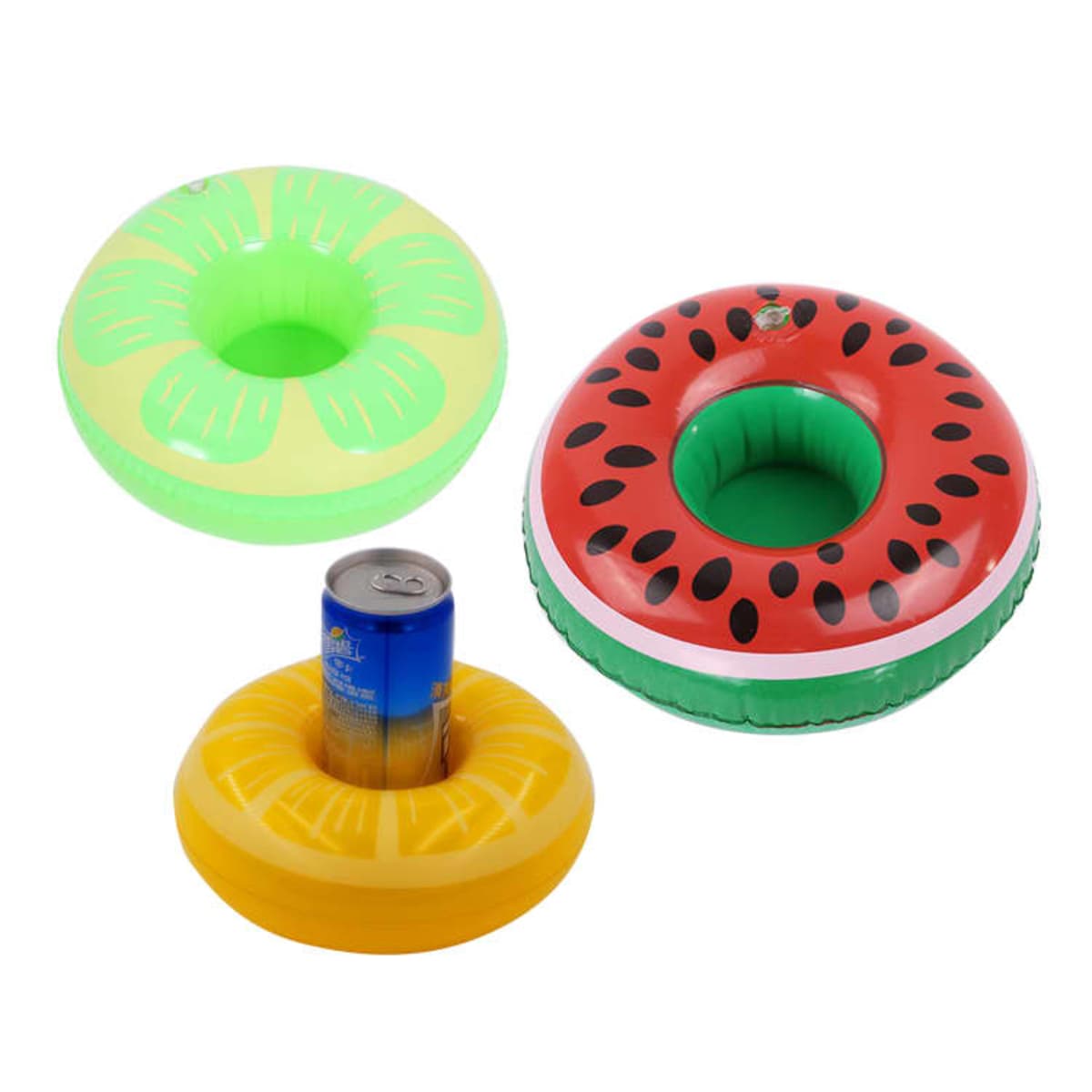 Three inflatable drink holders: a green one with lines resembling a kiwi, a red one with black seeds resembling a watermelon, and a yellow one resembling a pineapple with a can placed inside.