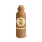 A brown water bottle with a cute quokka face on the lid and a quokka illustration on the side. The text QUOKKA appears below the illustration.