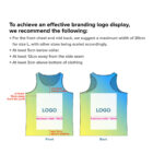 An instructional image for branding logo display on sleeveless shirts. Recommendations include a maximum 30cm width, 5cm below the collar, 12cm from the side seam, and 3cm above the bottom edge for front and back placement.