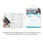 A comparison of two calendar designs: one with a hand writing on a weekly planner next to a laptop, and the other showing a January calendar page with business imagery. Both are customizable.