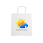 White tote bag with a logo depicting a stylized sun and ocean wave. The text Lorem Ipsum is below the image.
