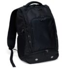A black backpack with multiple zippered compartments and side pockets. It features padded shoulder straps and a top handle for carrying. The design is sleek and functional, suitable for everyday use or travel.