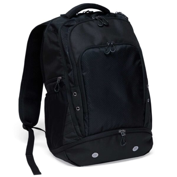 A black, multi-compartment backpack with padded shoulder straps and multiple zippers. It features mesh side pockets and a top handle, suitable for carrying books, laptops, and other essentials.