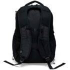 A black backpack shown from the back, featuring padded shoulder straps, a chest strap, and a handle at the top. The backpack has additional padding for comfort and mesh sections for ventilation.