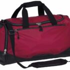 A red and black duffel bag with several zippered compartments, black handles, and an adjustable shoulder strap. The main zipper and additional pockets are visible on the side and front.
