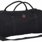 A black duffel bag with two handles and a shoulder strap. It has a small brown diamond-shaped logo on the front. The bag is simple and cylindrical in shape, suitable for travel or gym use.