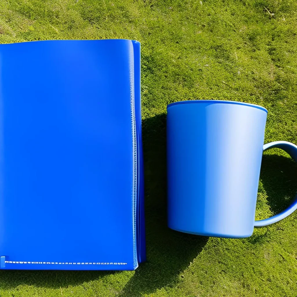 blue merchandise in a green grass background 