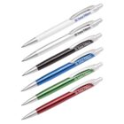 Seven retractable ballpoint pens are arranged diagonally. They have clips labeled Total Filters, and come in white, black, blue, green, and red.