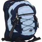 A blue and black backpack with multiple compartments and adjustable straps. The front has a zigzag bungee cord for extra storage. Its ergonomic design includes a padded handle and sturdy zippers.