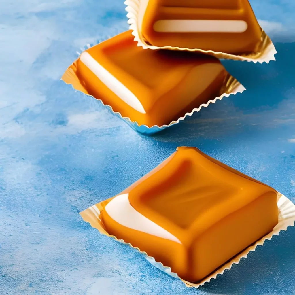 toffees in paper packing and blue and white backgroun
