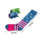 A long blue dress sock with pink and blue stripes and circular patterns, measuring 350mm in length and 200mm in foot length. Two rolled pairs are in the background: a green pair and a blue pair with patterns.
