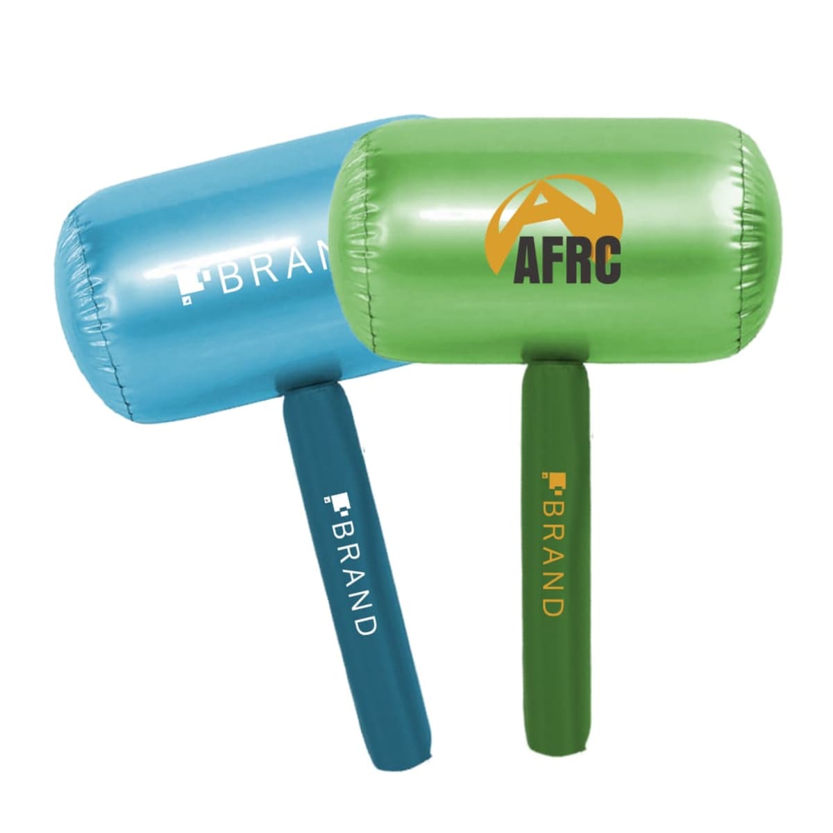 Two inflatable hammer-shaped toys, one blue and one green, with BRAND printed on the blue hammer and AFRC with an orange triangle on the green hammer. Both feature long handles matching their colors.