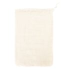A beige, reusable mesh produce bag with a drawstring closure. The bag is empty and laid flat against a plain white background.