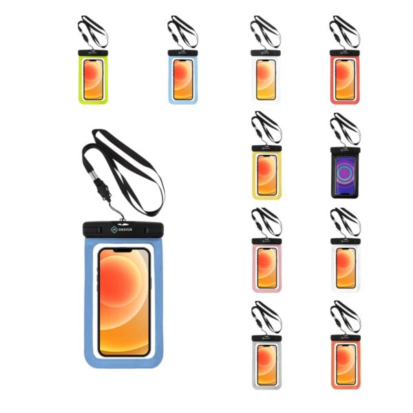 A selection of waterproof phone cases in various colors, each with a lanyard attached. The cases display the same phone screen featuring an orange and yellow gradient. The central case is blue, with others in different colors surrounding it.
