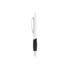A white and black retractable ballpoint pen with a silver clip and tip, isolated on a white background.