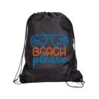 A black drawstring bag featuring the text Beach Please in orange and blue. The design includes sunglasses with palm trees reflected in the lenses.