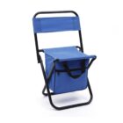 A compact, foldable blue camping chair with a built-in cooler bag beneath the seat. The chair has a metal frame and a backrest for support. The cooler bag features a zippered pocket and carrying handles.