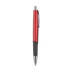 A sleek ballpoint pen with a red metallic barrel and a black grip. The pen features a chrome clip and a retractable tip, standing upright against a white background.