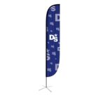A vertical feather flag with a blue background and white D$ logos repeating across it. The flag is mounted on a thin pole with a cross-shaped base.
