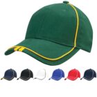 A green baseball cap with yellow piping and a yellow stripe on the brim, displayed above five smaller baseball caps in black, white, blue, red, and dark blue, each with similar contrasting piping and stripe designs.