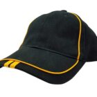 A black baseball cap with yellow piping along the edges and two yellow stripes on the brim.