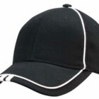 A black baseball cap with white piping along the edges and two white stripes on the brim.