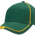 A green baseball cap with yellow piping accents along the seams and the edge of the brim. The cap is displayed against a white background.