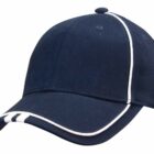 A dark blue baseball cap with white piping along the seams and brim. The cap features two white stripes on the edge of the brim and a button on top.
