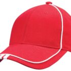 A red baseball cap with white piping along the seams and brim. The cap has a rounded crown and a curved visor.